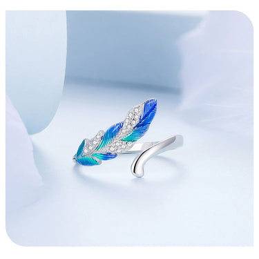 925 Sterling Silver Dazzling Blue Feather Open Ring Pave Setting CZ for Women Birthday Gift Chic Fine Jewelry BSR301  -  GeraldBlack.com
