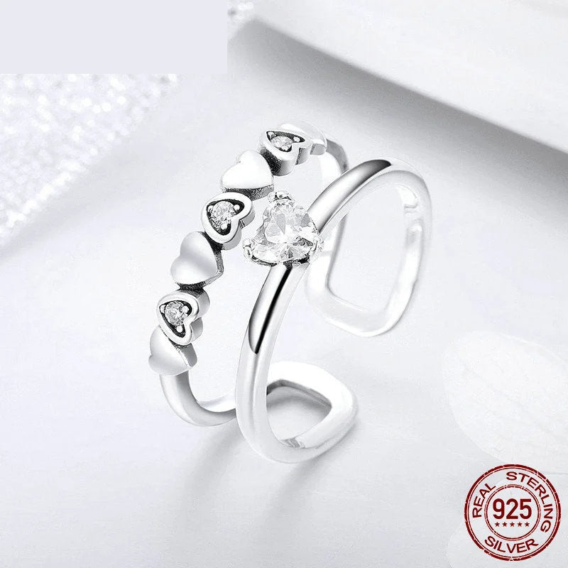 925 Sterling Silver Elegant Heart to Heart Clear Cubic Zircon Open Size Rings for Women Sterling Silver Jewelry SCR429  -  GeraldBlack.com