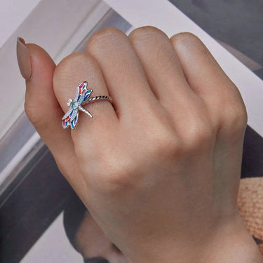 925 Sterling Silver Enamel Dragonfly Opening Ring Insect Adjustable Ring for Women Zircon Fine Jewelry BSR385  -  GeraldBlack.com