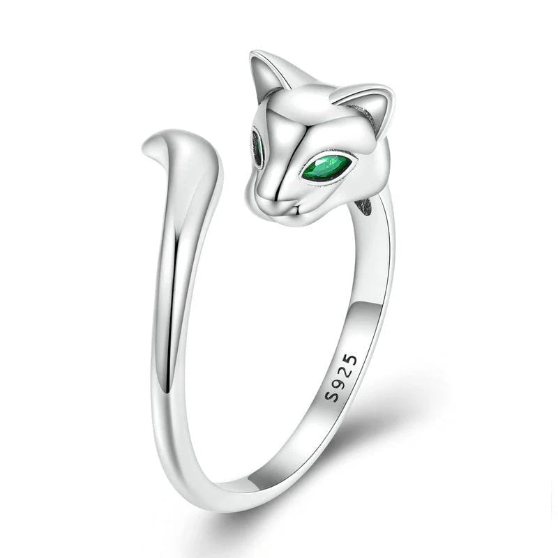 925 Sterling Silver Fox Open Ring Green Zircon Fox Tail Adjustable Ring for Women Birthday Gift  -  GeraldBlack.com