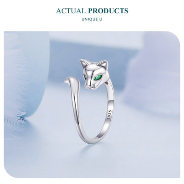 925 Sterling Silver Fox Open Ring Green Zircon Fox Tail Adjustable Ring for Women Birthday Gift Simple Jewelry BSR313  -  GeraldBlack.com