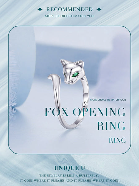 925 Sterling Silver Fox Open Ring Green Zircon Fox Tail Adjustable Ring for Women Birthday Gift Simple Jewelry BSR313  -  GeraldBlack.com