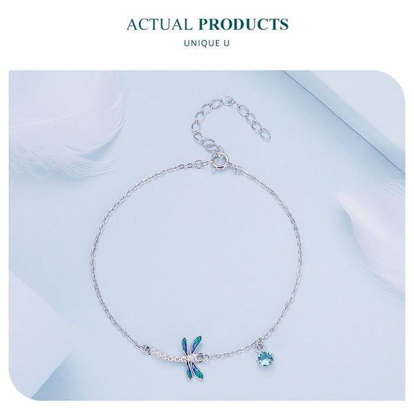 925 Sterling Silver Green and Blue Enamel Dragonfly Bracelet Insect Chain Link for Women Pave Setting CZ Fine Jewelry  -  GeraldBlack.com