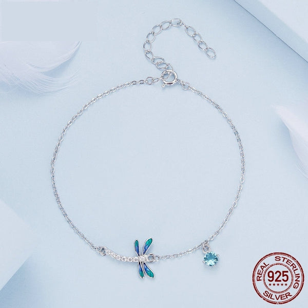 925 Sterling Silver Green and Blue Enamel Dragonfly Bracelet Insect Chain Link for Women Pave Setting CZ Fine Jewelry  -  GeraldBlack.com