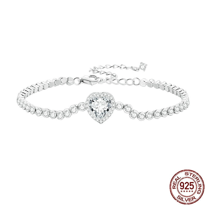 925 Sterling Silver Heart Shape Zircon Tennis Bracelet Shiny CZ Chain for Women Valentines Day Gift Fine Jewelry BSB098  -  GeraldBlack.com