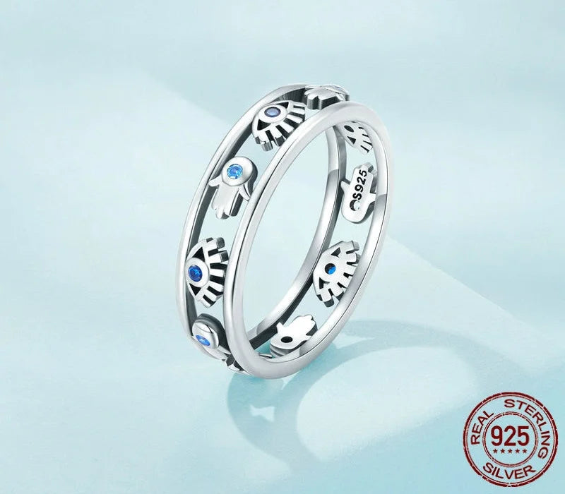 925 Sterling Silver Hollow out Symbol Guardian Ring Hand Devil Eye Finger Ring for Women Lucky Jewelry SCR900  -  GeraldBlack.com