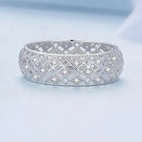 925 Sterling Silver Hollow Pattern Wide Finger Ring Pave Setting CZ for Women Exquisite Jewelry BSR333  -  GeraldBlack.com