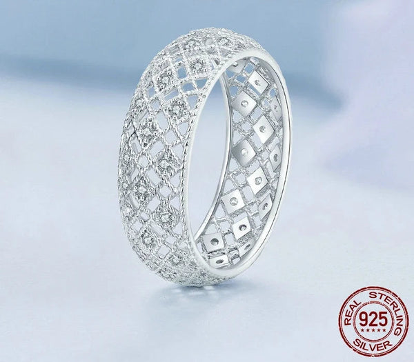 925 Sterling Silver Hollow Pattern Wide Finger Ring Pave Setting CZ for Women Exquisite Jewelry BSR333  -  GeraldBlack.com