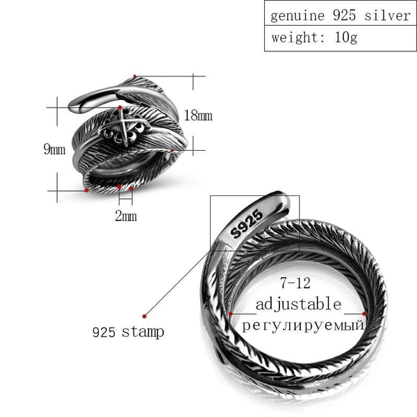 925 Sterling Silver Unisex Vintage Feather Cross Adjustable Punk Biker Ring - SolaceConnect.com