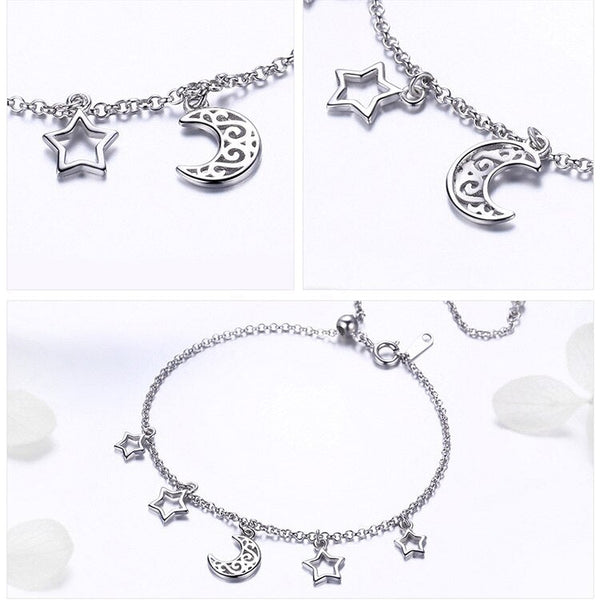 925 Sterling Silver Moon And Star Chain Link Bangles Bracelets for Women Sterling Silver Jewelry SCB107  -  GeraldBlack.com