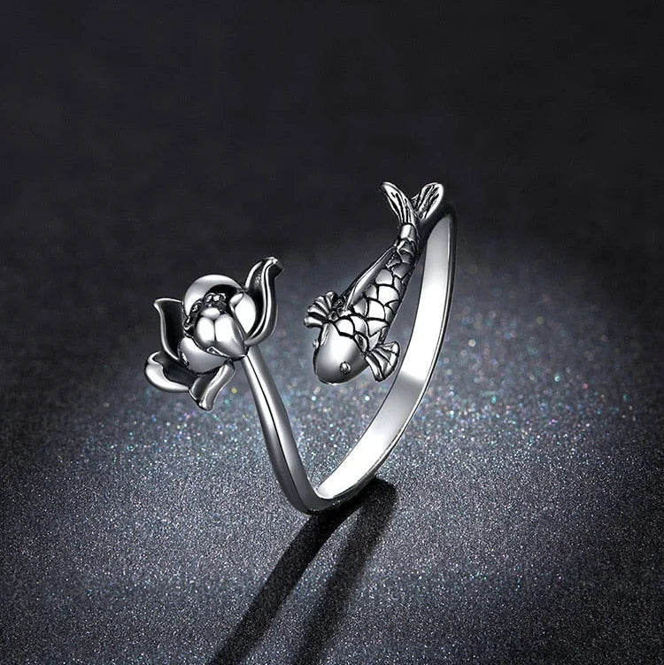 925 Sterling Silver Natural Koi Lotus Open Ring for Women Adjustable Jewelry Statement Anniversary  -  GeraldBlack.com