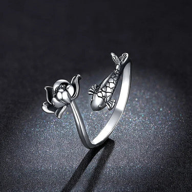 925 Sterling Silver Natural Koi Lotus Open Ring for Women Adjustable Jewelry Statement Anniversary  -  GeraldBlack.com