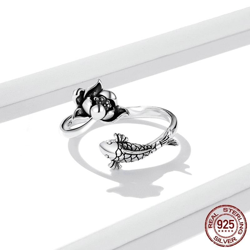 925 Sterling Silver Natural Koi Lotus Open Ring for Women Adjustable Jewelry Statement Anniversary Gift BSR201  -  GeraldBlack.com