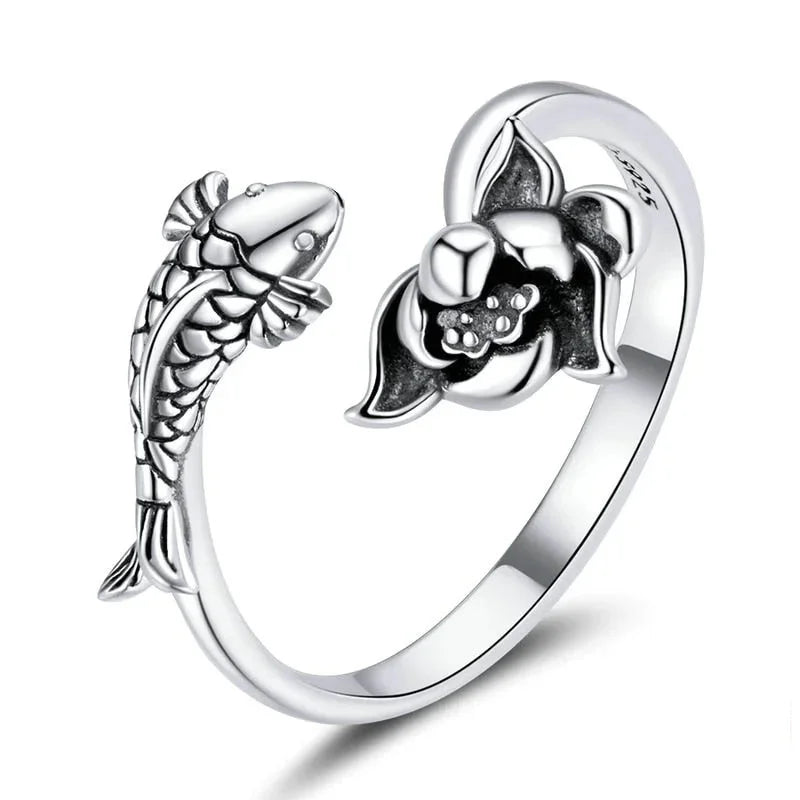 925 Sterling Silver Natural Koi Lotus Open Ring for Women Adjustable Jewelry Statement Anniversary Gift BSR201  -  GeraldBlack.com
