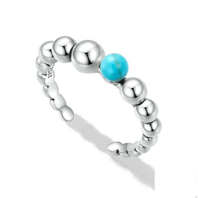 925 Sterling Silver Open Size Turquoise Round Bead Ring for Women Stackable Bead Fashion Girl Ring  -  GeraldBlack.com
