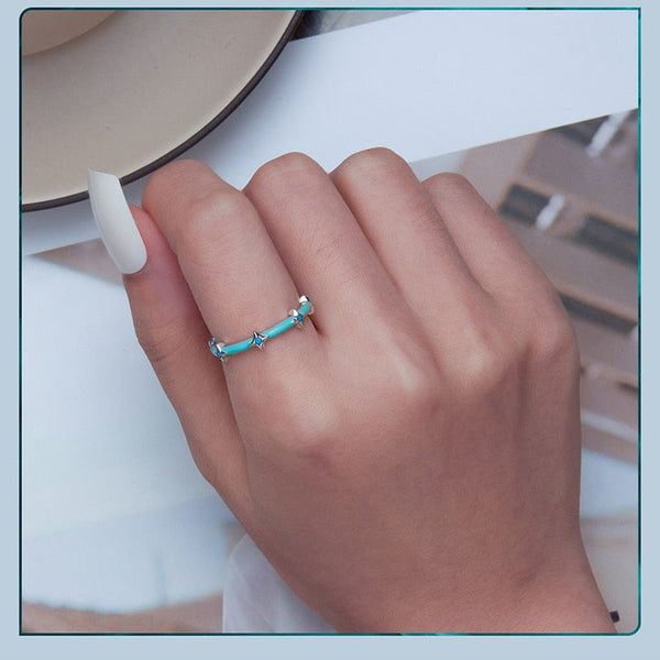 925 Sterling Silver Pentacle Opening Ring for Women Turquoise Star Ring Eternity Band Fine Jewely Beach Party Gift BSR289  -  GeraldBlack.com