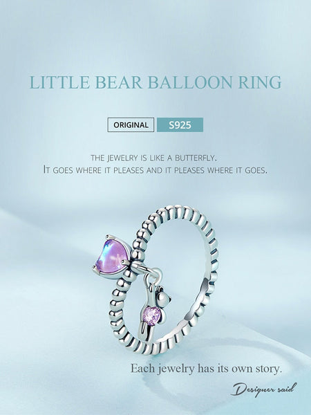 925 Sterling Silver Pink Zircon Cute Little Bear Balloon Finger Ring Heart shaped Balloon Ring for Women  -  GeraldBlack.com
