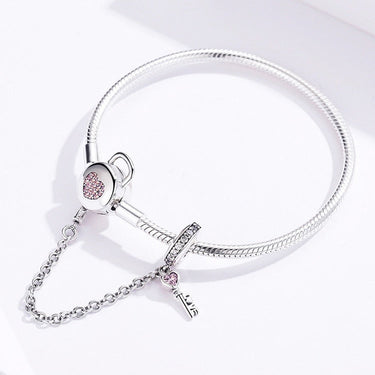 925 Sterling Silver Snake Chain Bracelet Zircon Pink Heart Lock and Key Safety Charm Bracelet for Women Gift SCB143  -  GeraldBlack.com