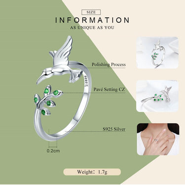 925 Sterling Silver Spring Tree Leaves Bird Open Ring Green Zircon Adjustable Finger Ring for Women Fine Jewelry SCR323  -  GeraldBlack.com