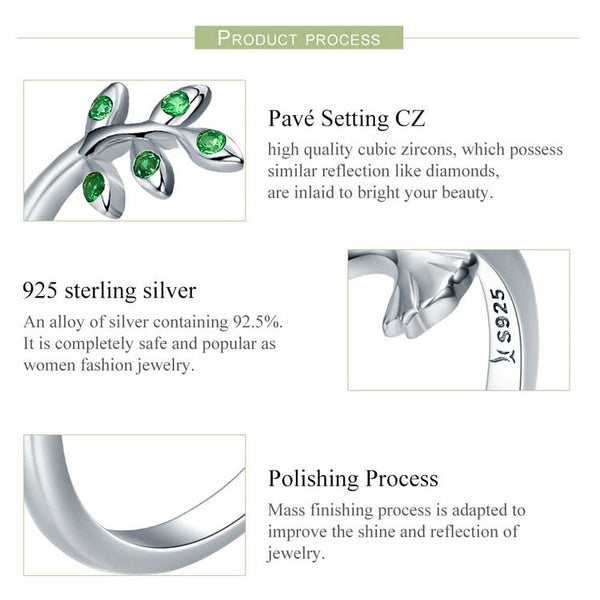 925 Sterling Silver Spring Tree Leaves Bird Open Ring Green Zircon Adjustable Finger Ring for Women Fine Jewelry SCR323  -  GeraldBlack.com