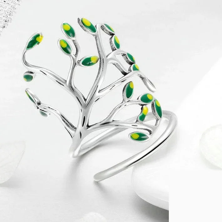 925 Sterling Silver Tree of Life Green Tree Leaves Adjustable Finger Rings for Women Sterling Silver  -  GeraldBlack.com