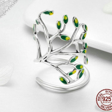 925 Sterling Silver Tree of Life Green Tree Leaves Adjustable Finger Rings for Women Sterling Silver Jewelry SCR454  -  GeraldBlack.com