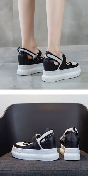 9cm Full Cow Genuine Leather Women Summer Wedge Platform Hidden Heel Slip on Shoes  -  GeraldBlack.com