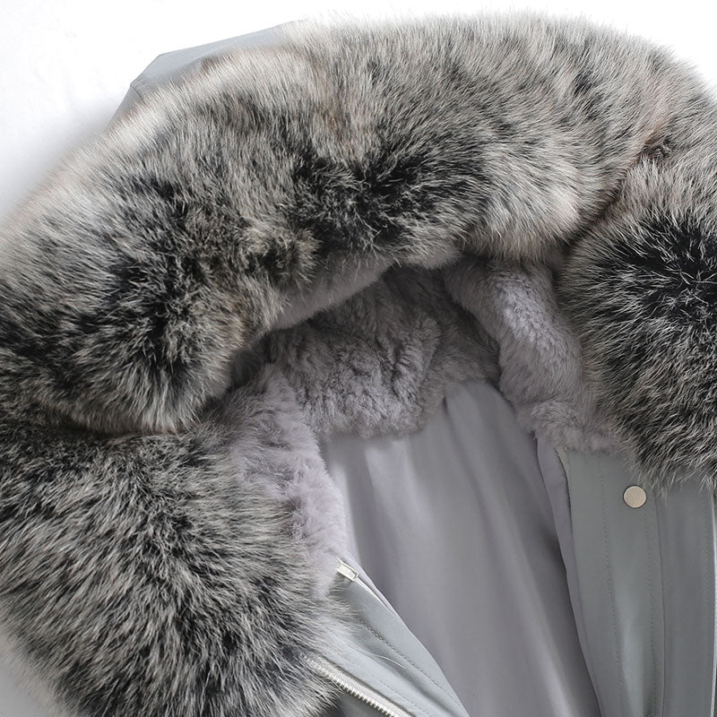 Abrigo cálido largo y grueso con capucha de longitud media de piel de zorro Real de invierno para mujer
