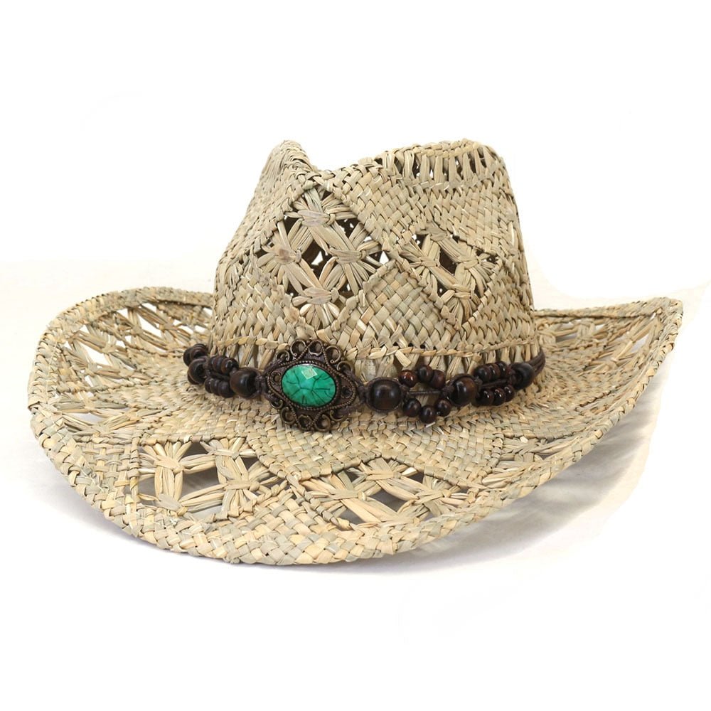 Natural Salty Grass Hand Knitted Western Cowboy Hat for Women Men Wide Brim Sun Protection for  -  GeraldBlack.com