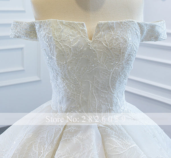 A-Line Boat Neck Lace Tiered Wedding Dress with Floor Length Chapel Train  -  GeraldBlack.com