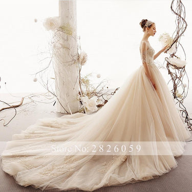 A-Line Champagne Half Sleeves Scoop Neck Beaded Wedding Dresses - SolaceConnect.com