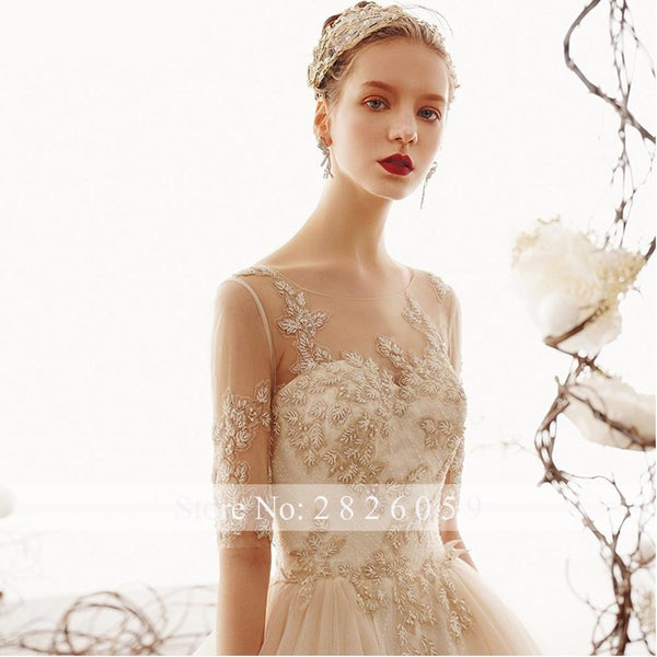 A-Line Champagne Half Sleeves Scoop Neck Beaded Wedding Dresses - SolaceConnect.com