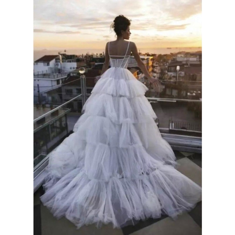 A-Line Pleated Tulle Tiered Floor Length Sleeveless Bridal Gowns  -  GeraldBlack.com