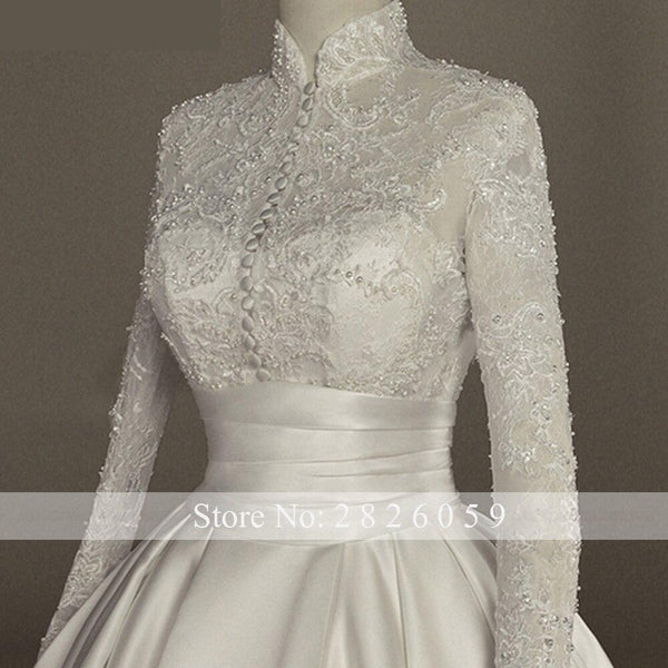A-Line Satin High Neck Long Sleeves Floor Length Beaded Bridal Gowns - SolaceConnect.com