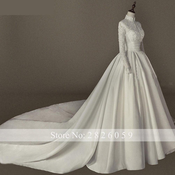 A-Line Satin High Neck Long Sleeves Floor Length Beaded Bridal Gowns  -  GeraldBlack.com