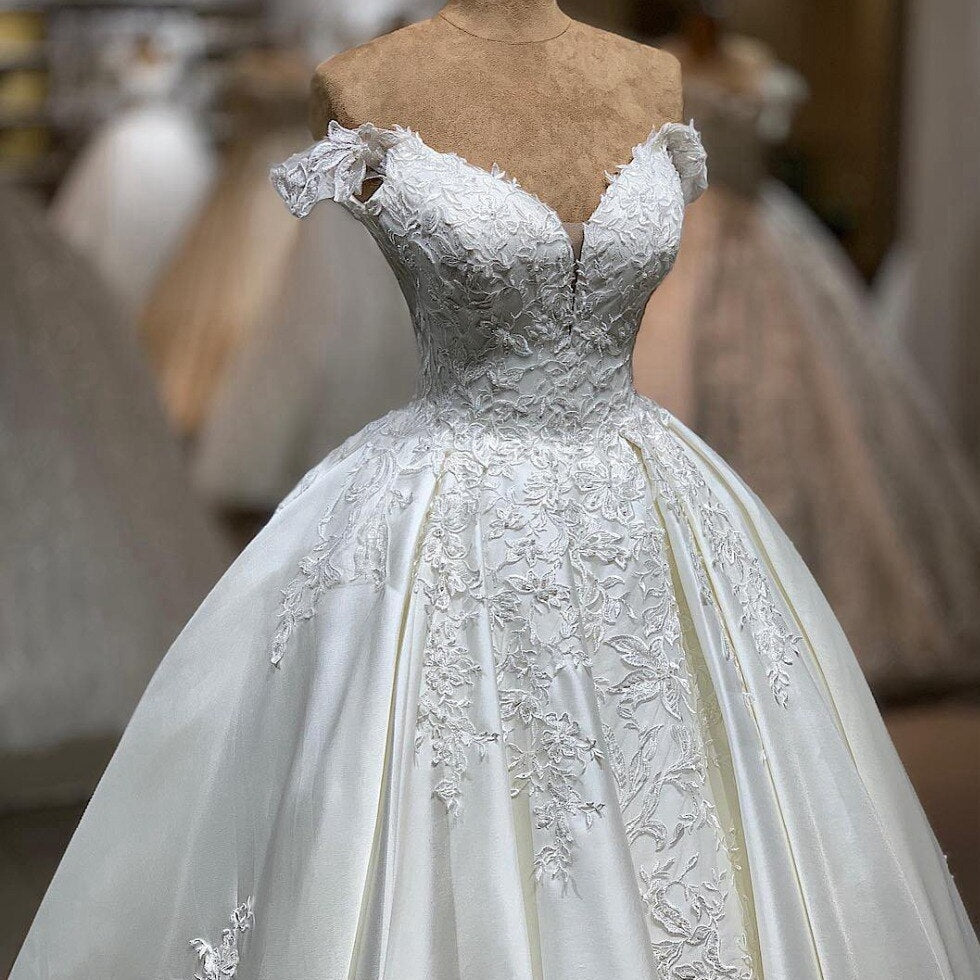 A-line V-neck Off The Shoulder Lace Appliques Floor Length Wedding Dress  -  GeraldBlack.com