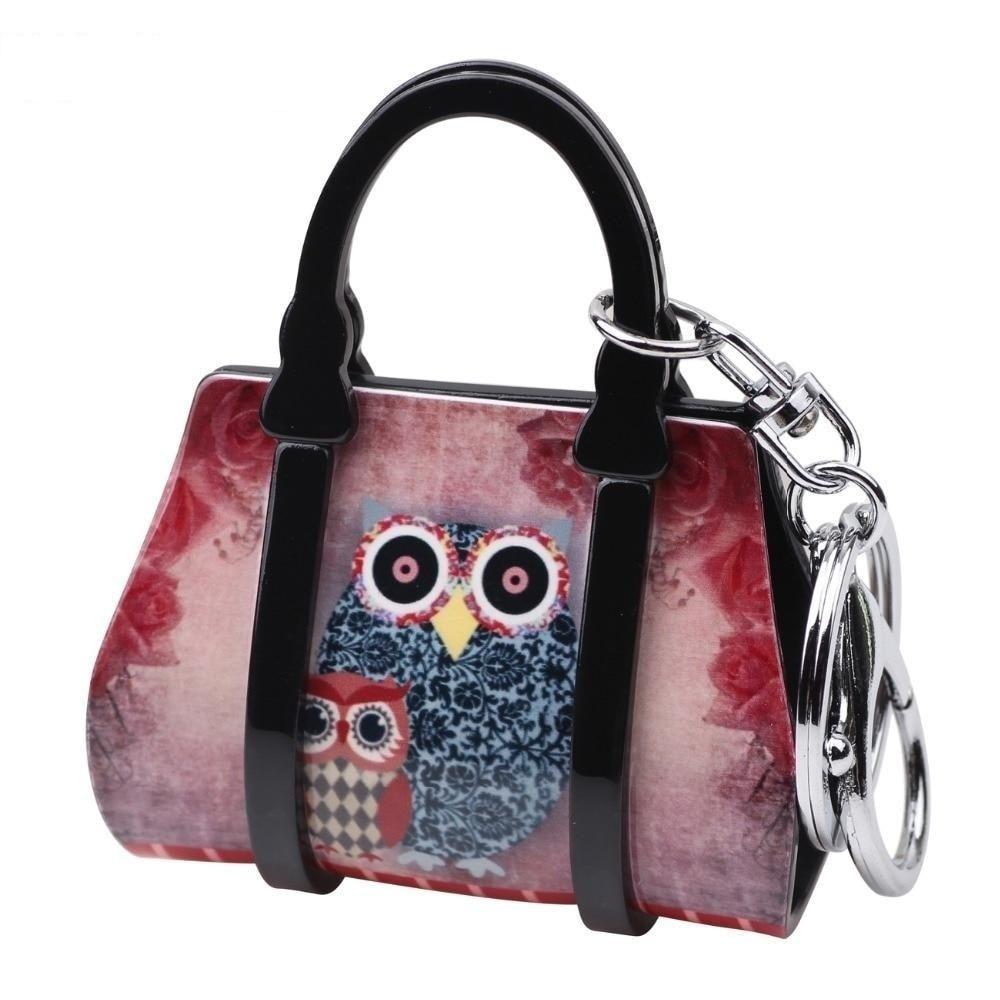 Acrylic Handbag Shape Owl Bird Pattern Key Chain Jewelry for Women  -  GeraldBlack.com