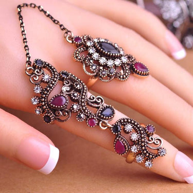 Adjustable Hollow Out Turkish Red Resin Women's Two Finger Rings for Party - SolaceConnect.com