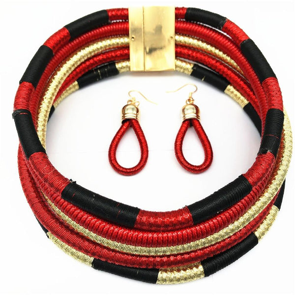 African Beads Multi-layer Woven Choker Necklace Earrings Bridal Jewelry Set - SolaceConnect.com