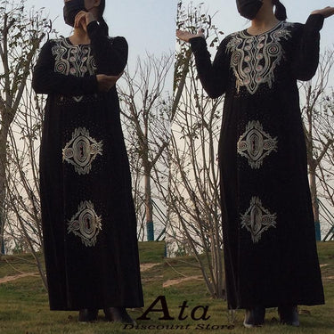 African Dubai Muslim Women's Knitted Black Embroidered Abaya Dress  -  GeraldBlack.com