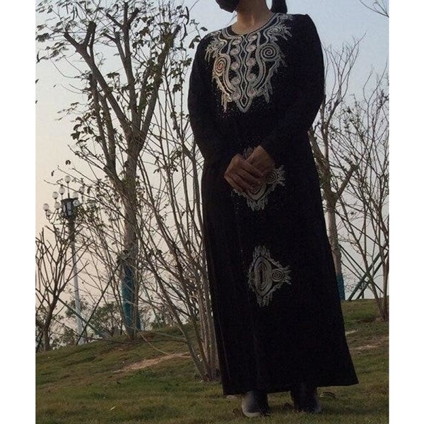 African Dubai Muslim Women's Knitted Black Embroidered Abaya Dress  -  GeraldBlack.com