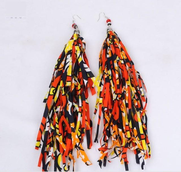 African Tribal Handmade Boho Fabric with Long Tassel Earrings Jewelry - SolaceConnect.com