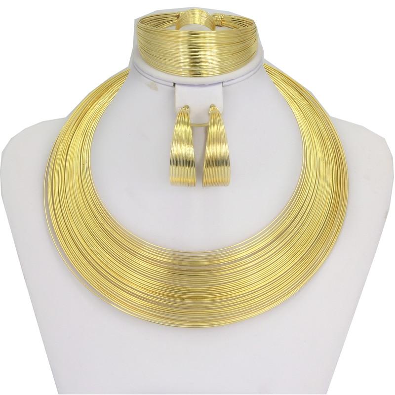 African Women's Fashion Dubai Gold Wire Necklace Bracelet Earrings Sets  -  GeraldBlack.com