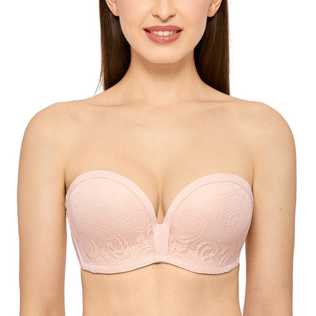 Apricot Pink Lace Slightly Lined Underwire Lift Strapless Bra for Women  -  GeraldBlack.com