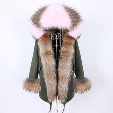 Army Green Color Women's Real Fur Winter Coat Jacket with Fur Collar  -  GeraldBlack.com