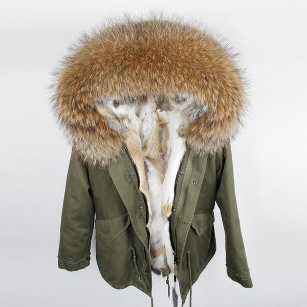Army Green Large Detachable Hooded Coat For Women with Raccoon Fur Collar - SolaceConnect.com