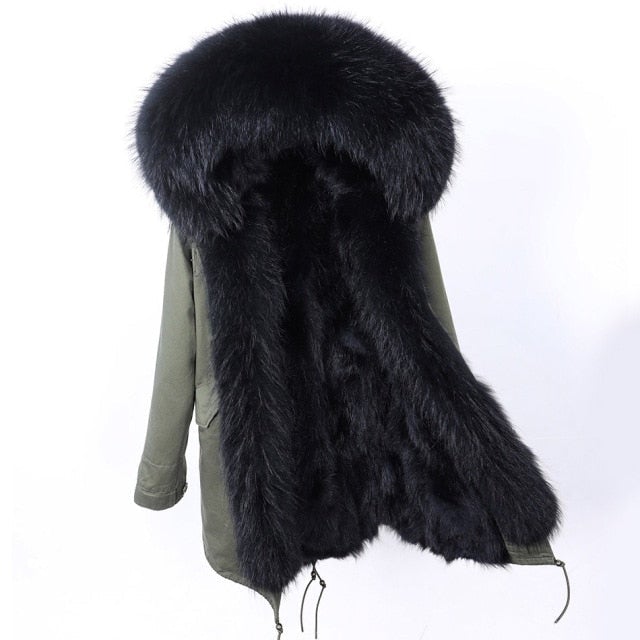 Army Green Natural Raccoon Fur Collar and Hood Winter Jacket for Women  -  GeraldBlack.com