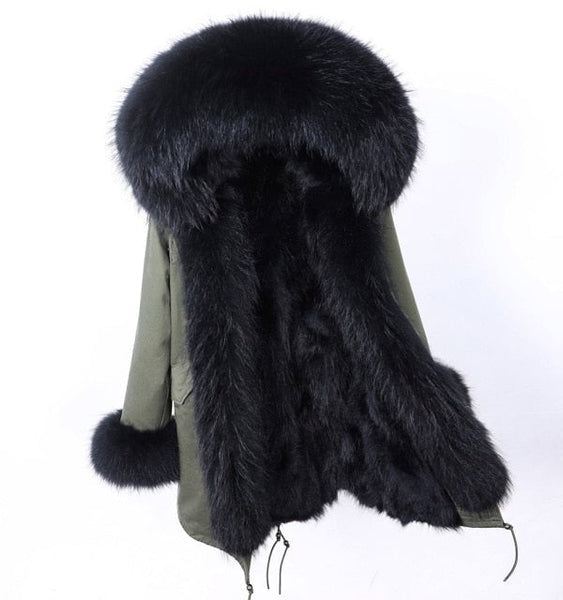 Army Green Natural Raccoon Fur Collar and Hood Women's Winter Jacket  -  GeraldBlack.com