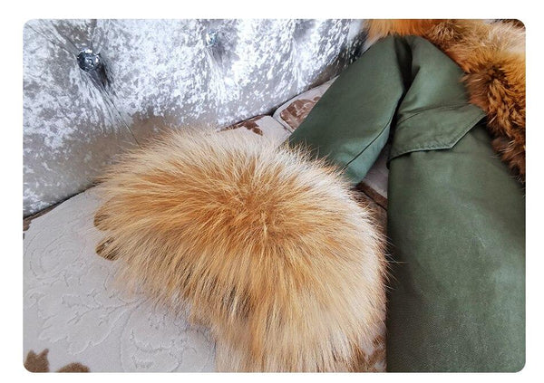 Army Green Women's leather jacket Large Natural Fox Fur Hooded Coat Parka Outwear Long Detachable - SolaceConnect.com