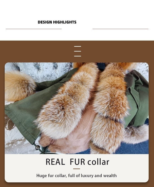 Army Green Women's leather jacket Large Natural Fox Fur Hooded Coat Parka Outwear Long Detachable - SolaceConnect.com